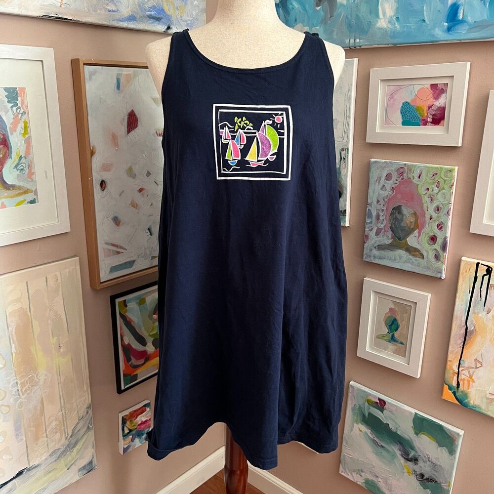 Beach Bound Navy Sailboat Dress Vintage Coastal Cotton Made in USA Size‎ S/M